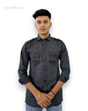 Modern Marwar Linen men's shirt in dark gray with front pockets and stylish shoulder epaulets