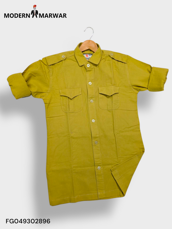 Modern Marwar Linen men's shirt in mustard yellow with button closures and chest pockets