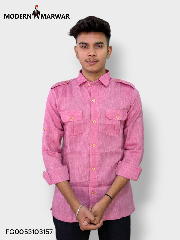 Modern Marwar linen pink men's shirt with button-up design and shoulder epaulets for a stylish look