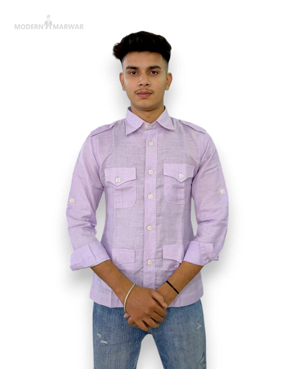 Modern Marwar Purple Linen Shirt for Men with Stylish Pockets and Buttoned Cuffs