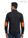 M Shirt in black cotton with orange elbow patches, back view, featuring LOGO SHIRT-25-101-2-BADGURJAR