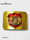 Gold belt clip from Modern Marwar featuring a decorative emblem, ideal for stylish outfits and luxury belt clip.