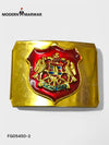 Gold belt clip from Modern Marwar featuring a decorative emblem, ideal for stylish outfits and luxury belt clip.
