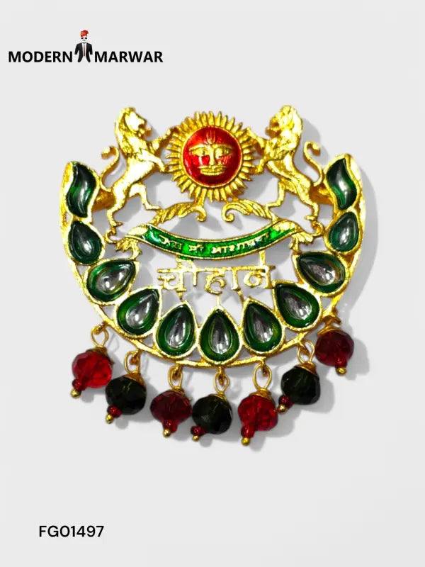 Luxury brooch for sherwani featuring intricate design with green and red gemstones