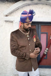 Elegant M Jodhpuri Suit in brown velvet, showcasing a luxury men's velvet coat with intricate details