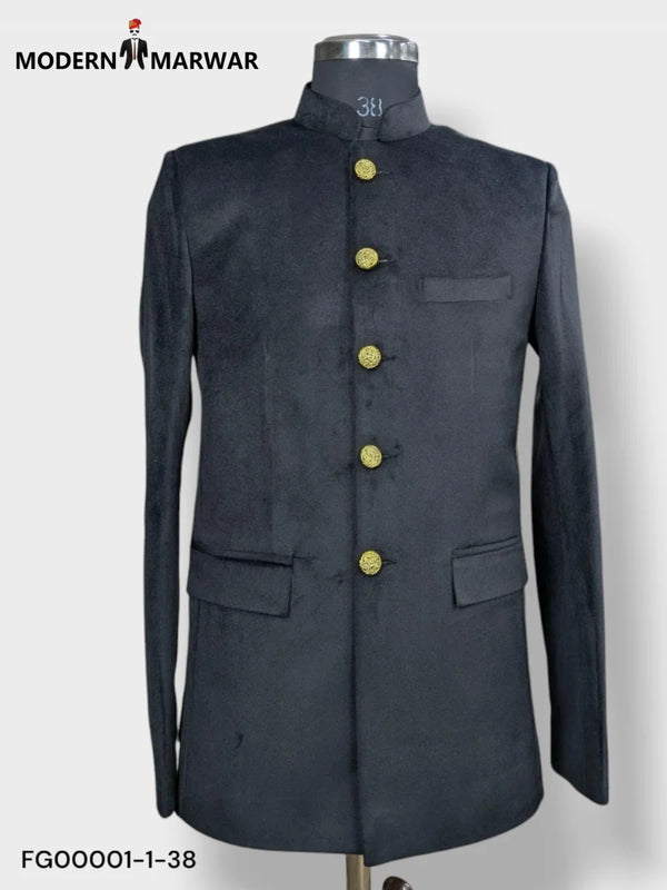 Modern Marwar luxury men's velvet coat in sleek black with elegant gold buttons and tailored fit