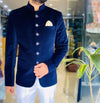Modern Marwar luxury men's velvet coat in navy blue with stylish buttons and pocket square