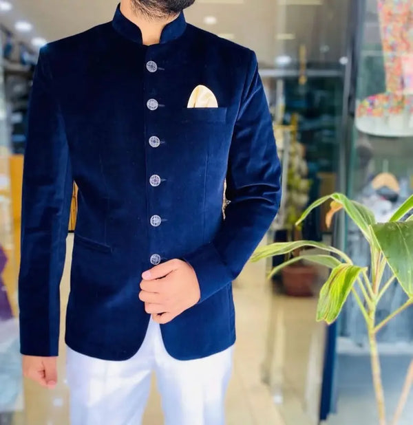 Modern Marwar luxury men's velvet coat in navy blue with stylish buttons and pocket square