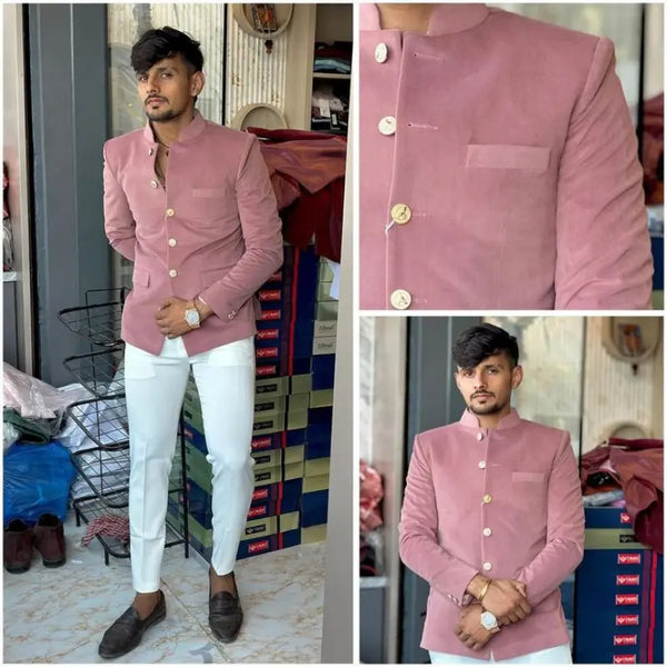 Modern Marwar luxury men's velvet coat in pink, styled with white trousers for a fashionable look