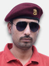 Default maroon beret cap in fabric worn at an angle with a stylish rathore Lobo combo outfit