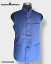 Modern Marwar Men's Ethnic Jacket in Blue with Checked Pattern and Button Closure