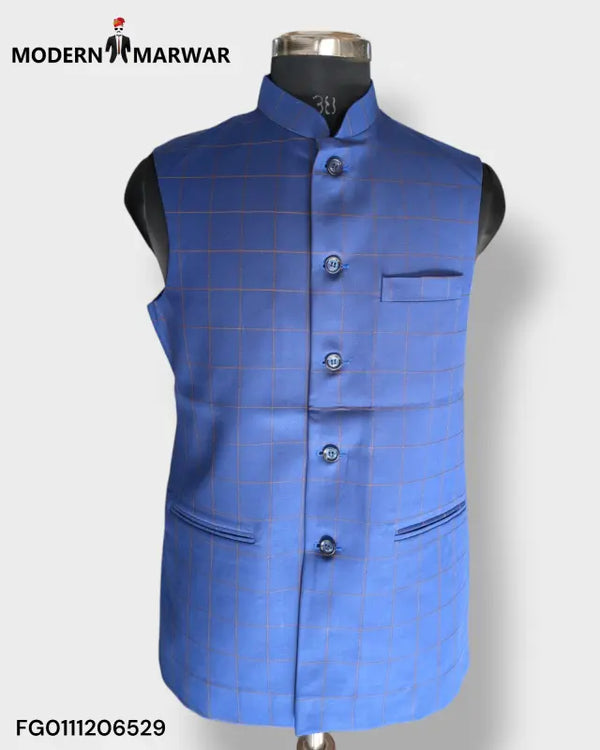 Modern Marwar Men's Ethnic Jacket in Blue with Checked Pattern and Button Closure