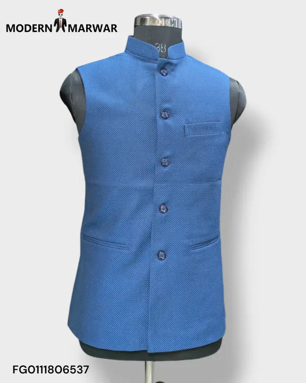 Modern Marwar men's ethnic jacket in blue with a stylish design and traditional button closure