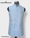 Light blue men's ethnic jacket by Modern Marwar with a stylish mandarin collar and button closure