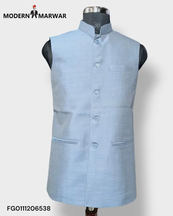 Light blue men's ethnic jacket by Modern Marwar with a stylish mandarin collar and button closure