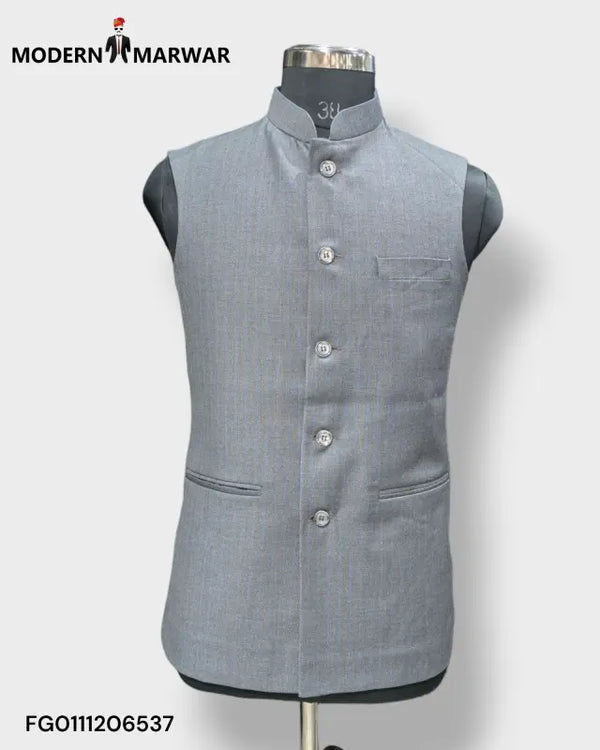 Modern Marwar Men's Ethnic Jacket in Grey with Traditional Buttons and Waist Pockets