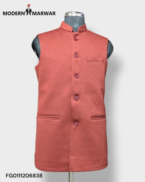 Modern Marwar Men's Ethnic Jacket in Coral Color with Front Pockets and Traditional Design