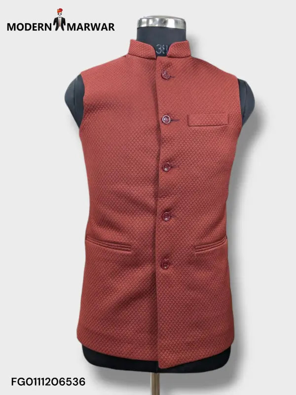 Rust-colored men's ethnic jacket from Modern Marwar featuring a traditional Nehru design and button closure