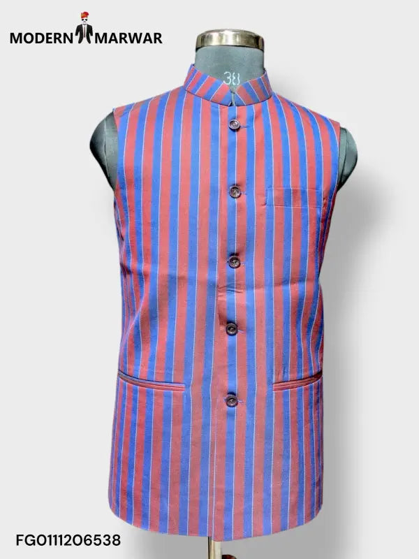 Modern Marwar men's ethnic jacket with vibrant striped pattern and classic collar design