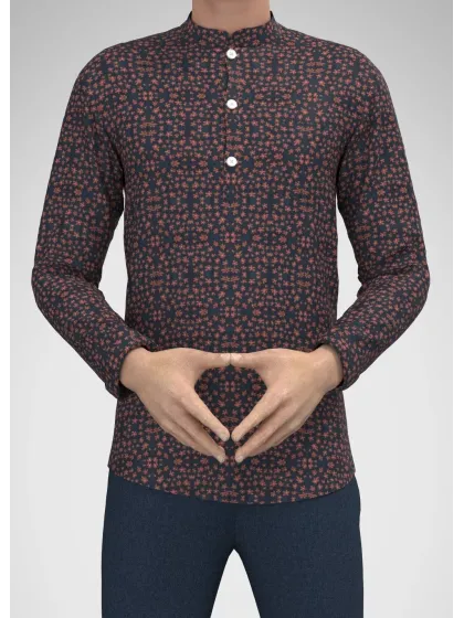 Men's printed kurta in navy with floral pattern and button placket for casual wear