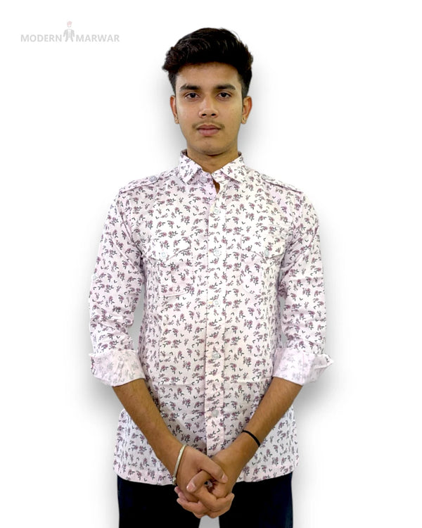 Modern Marwar men's printed shirt in light pink with floral patterns and button-down collar