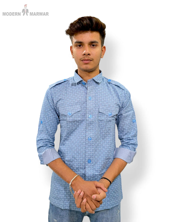 Men's blue patterned shirt by Modern Marwar featuring a stylish design and button details