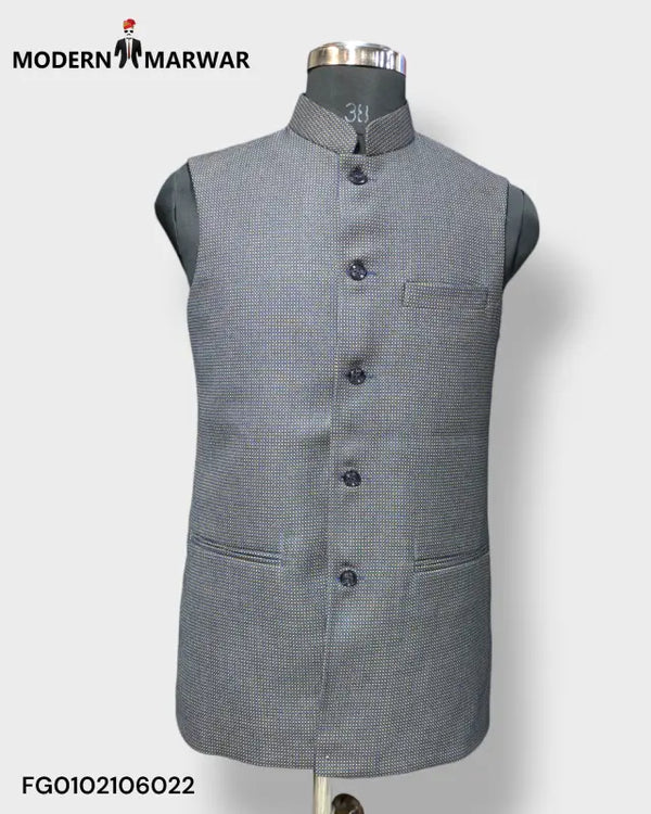Modern Marwar Men's Ethnic Vest in gray checkered pattern, featuring a mandarin collar and button closure
