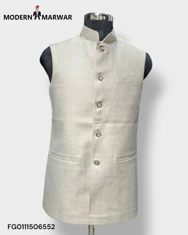 Modern Marwar Men's Koti Vest in Light Beige with Button Closure and Pocket Detail