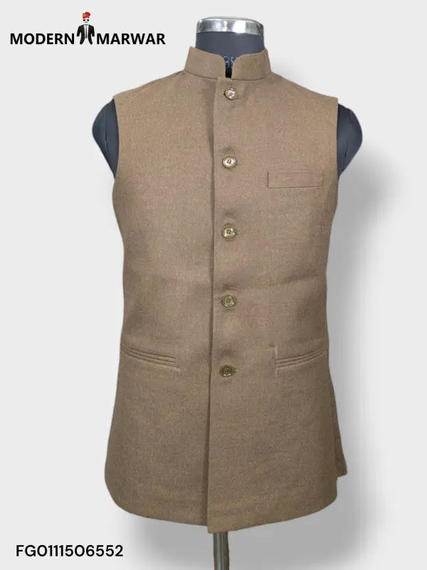 Men's Koti Vest by Modern Marwar in brown with a traditional design and button closure