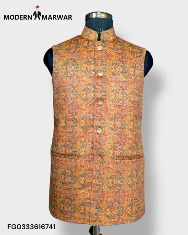Stylish Modern Marwar men's velvet vest in vibrant orange with intricate patterns and a mandarin collar