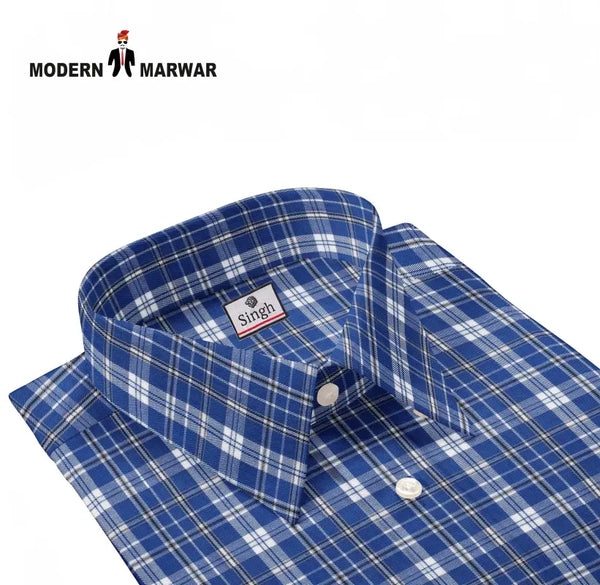 Modern Marwar men's blue checkered shirt featuring a classic collar and soft fabric