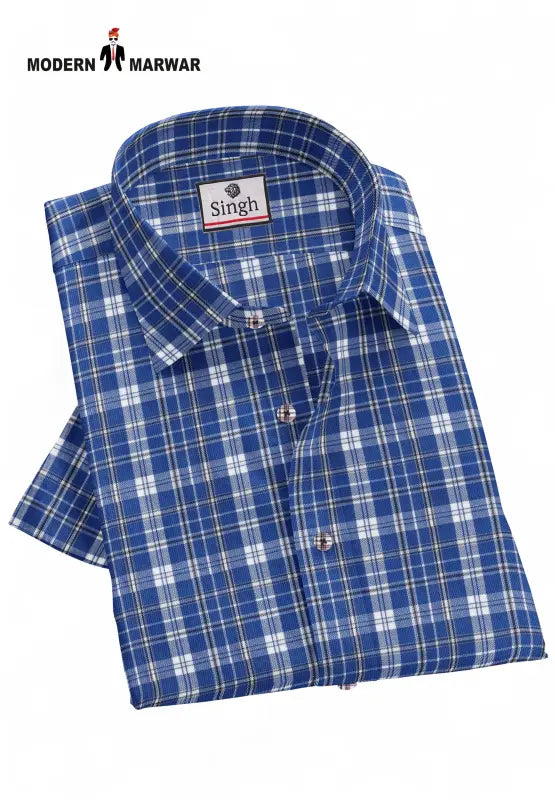Men's blue checkered shirt by Modern Marwar featuring a classic collar and button-down design