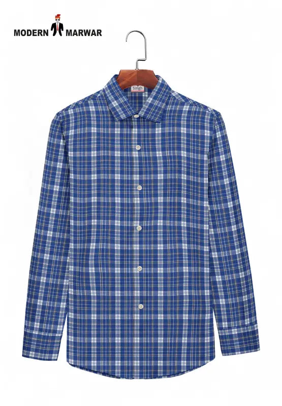 Men's blue checkered shirt by Modern Marwar featuring a classic collar and button details