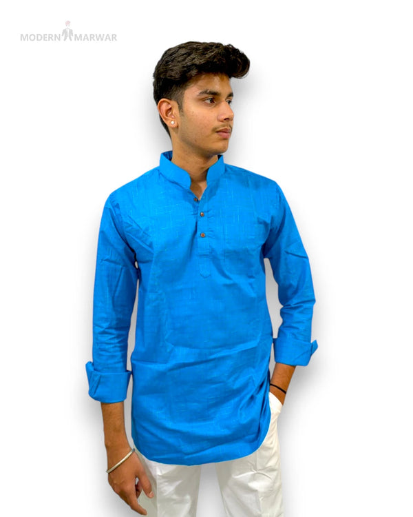 Men's blue kurta by Modern Marwar featuring a stylish collar and button details.