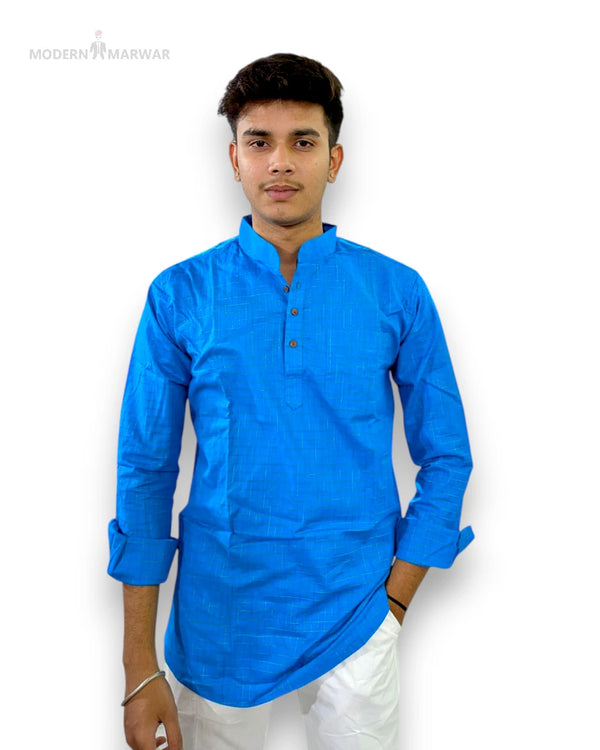 Stylish men's blue kurta from Modern Marwar with a mandarin collar and button details