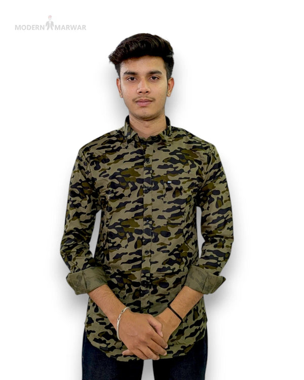 Stylish Modern Marwar mens camo shirt long sleeve in green camouflage print for casual wear