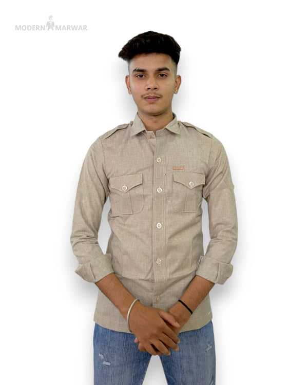 Men's casual shirt by Modern Marwar in light brown with chest pockets and button fastening
