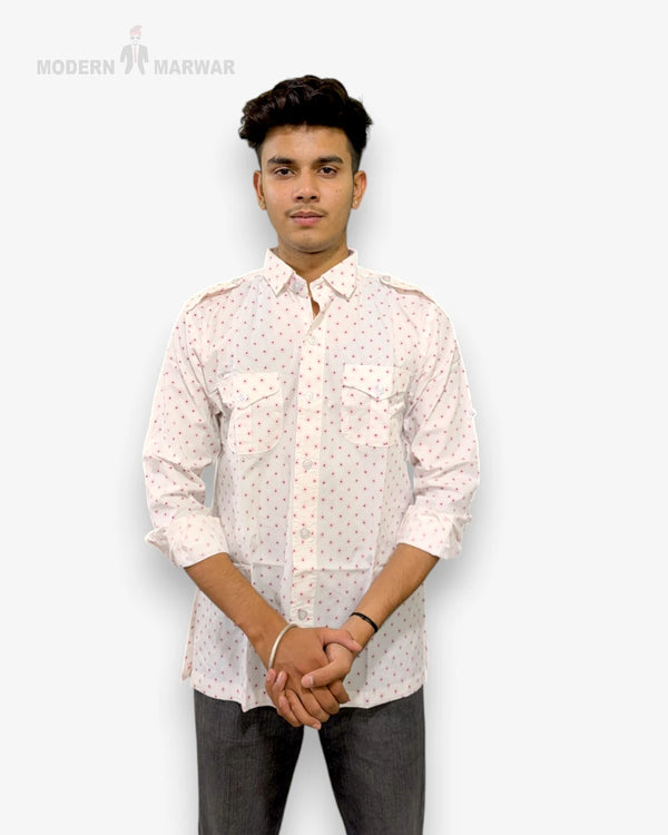 Modern Marwar men's casual shirt with decorative prints and dual chest pockets for a stylish look