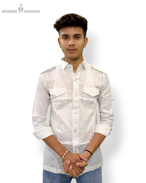 Men's casual white shirt from Modern Marwar featuring a stylish design and buttoned chest pockets