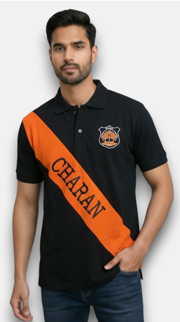 Men's Charan Lobo T-shirts in Black Cotton with Orange Stripe Front View