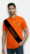 Men's Charan Lobo T-Shirts in orange cotton, front view with a bold black CHARAN graphic