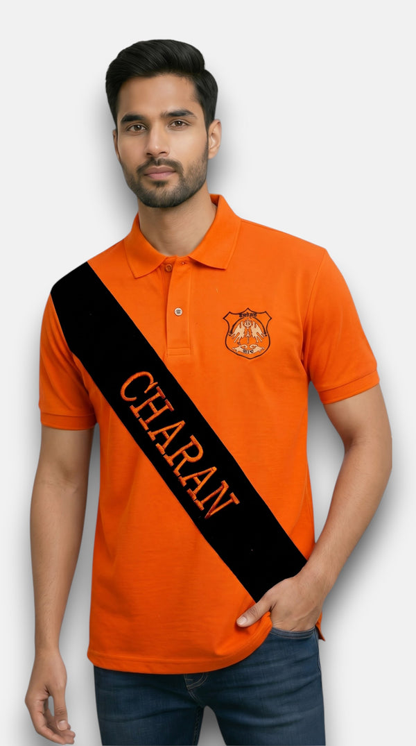 Men's Charan Lobo T-Shirts in orange cotton, front view with a bold black CHARAN graphic