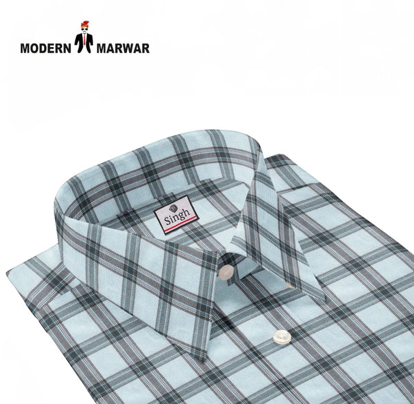 Modern Marwar men's checked shirts online in light blue with a stylish collar and button details