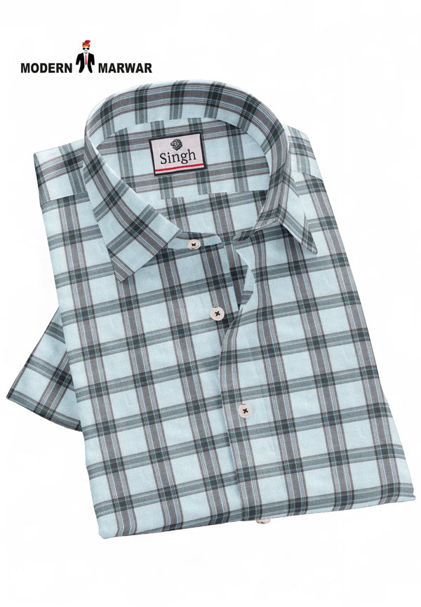 Modern Marwar men's checked shirts online in blue and gray with a classic collar and button closure