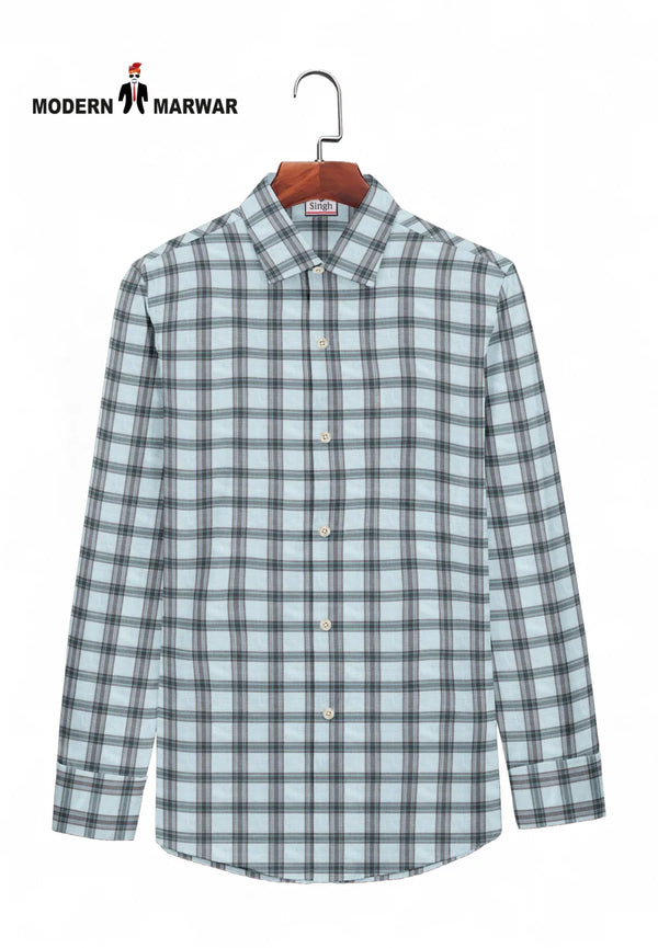 Modern Marwar men's checked shirt online in blue and black plaid pattern, perfect for casual wear