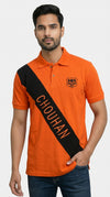 Men's Chouhan Lobo T-Shirts in orange cotton, front view with black sash detail