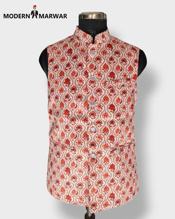 Men's ethnic jacket from Modern Marwar featuring a stylish red and cream paisley pattern