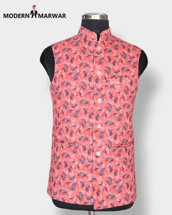 Men's ethnic koti by Modern Marwar in vibrant paisley design with a stylish collar