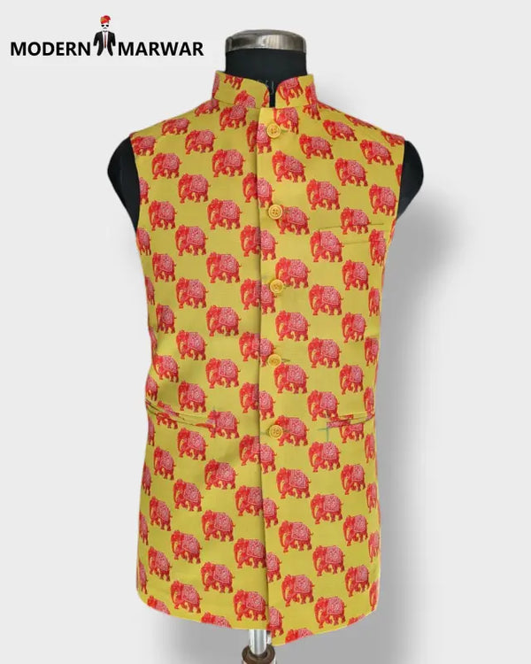 Men's ethnic koti by Modern Marwar featuring a vibrant yellow design with red elephant patterns