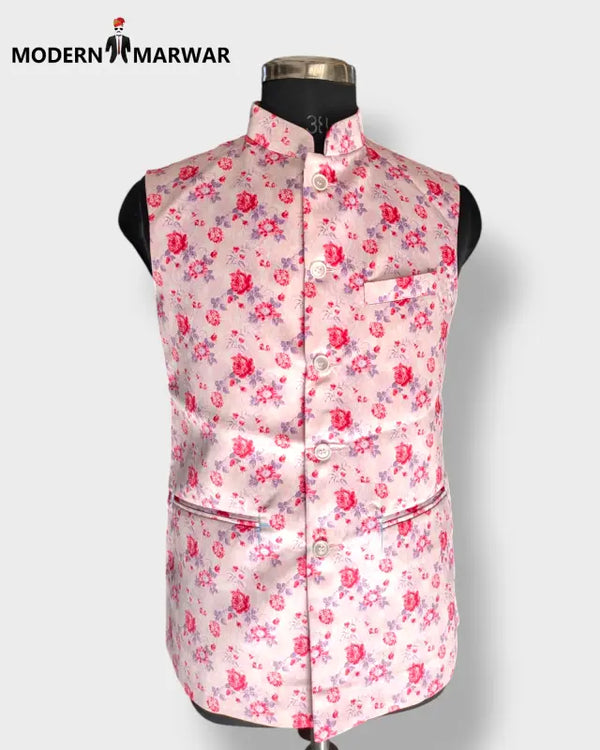 Men's floral Koti vest by Modern Marwar in pink with a floral print and stylish design
